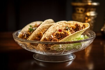 Macro view photography of a tempting tacos in a glass bowl against a vintage wallpaper background. With generative AI technology