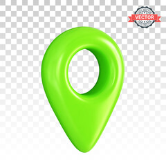 Green map pointer or GPS location icon in three-quarter front view. Realistic 3D vector graphics on transparent background