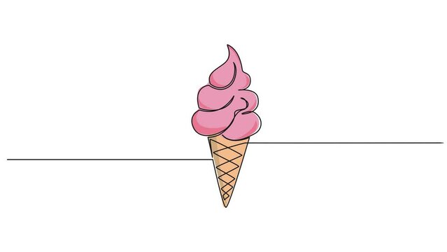 animated colored continuous single line drawing of ice cream cone with soft serve, line art animation