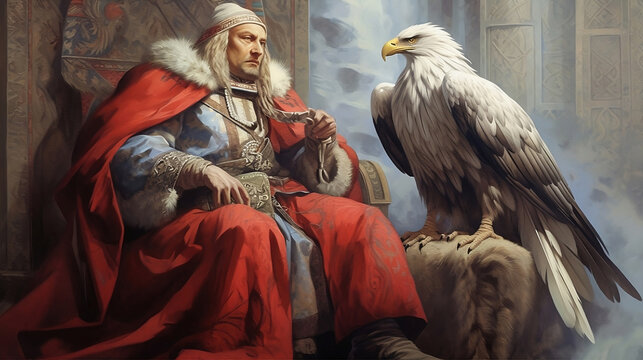 A fantasy king next to a bald eagle