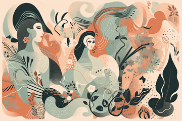 illustration of a beautiful girl in a long dress on the background of nature