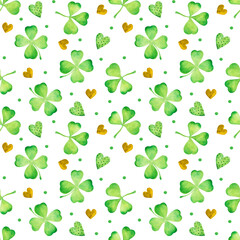 Watercolor handmade. St.Patrick 's Day. Clover seamless pattern
