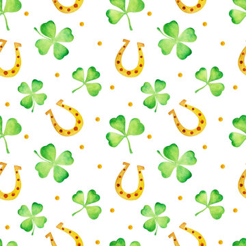 Watercolor handmade. St.Patrick 's Day. Seamless pattern clover and horseshoe