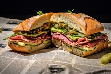 Close-up view photography of a tempting sandwiches on a slate plate against a newspaper or magazine background. With generative AI technology