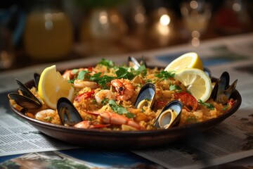 Detailed close-up photography of a tempting paella in a clay dish against a newspaper or magazine background. With generative AI technology