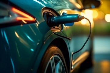 CloseUp Charging an Electric Car Battery in Action. Generative AI