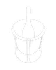 Outline Bottle of champagne in restaurant bucket with ice. Vector isolated on white background. Holiday celebrating party. Bottle of champagne in bucket. Monochrome style isolated on white background.