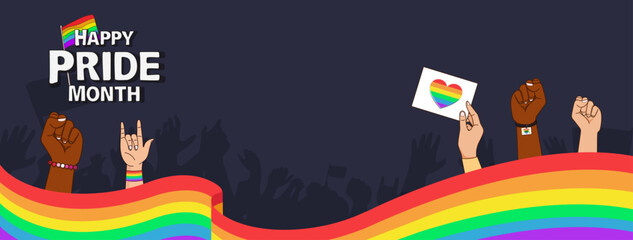 Fototapeta na wymiar Pride month banner background with hands and wavy rainbow flag vector design