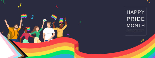 Happy pride month banner background with wavy rainbow LGBT flag and space for text, vector design
