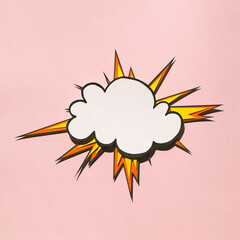 White comic speech bubble on pink background with lightning. Handmade paper cutout artwork. Pop art concept. Cartoon flat lay style. Frame for your web banner. 