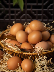 Eggs inside chicken coop, farm interior scene, fresh eggs and thatch