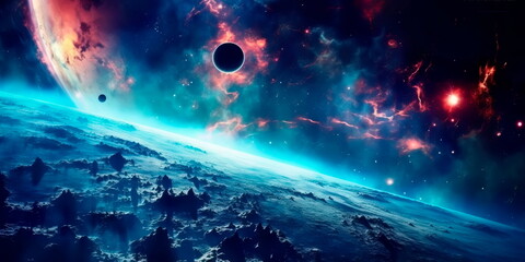 Fototapeta premium Planets, stars and galaxies in outer space showing the beauty of space exploration. Generative AI