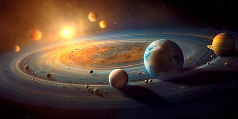 Solar system planet, comet, sun and star. Sun, mercury, Venus, planet earth, Mars, Jupiter, Saturn, Uranus, Neptune.  Generative AI - obrazy, fototapety, plakaty