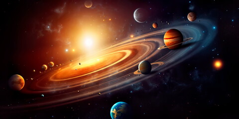 Solar system planet, comet, sun and star. Sun, mercury, Venus, planet earth, Mars, Jupiter, Saturn, Uranus, Neptune.  Generative AI - obrazy, fototapety, plakaty