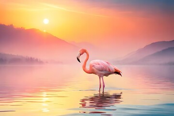 Plakat flamingo in the sunset