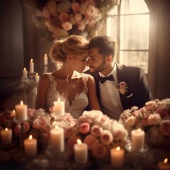 bride and groom at the table with flowers and candles. Ai generated 