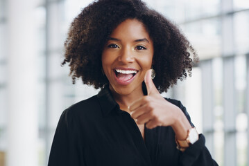 Black woman in business, face and thumbs up with smile, support and agreement, thank you and...