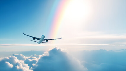 Fototapeta na wymiar Airplane flying above amazing clouds in clear blue sky with rainbow and sun rays. Concept of traveling, vacation and travel by air transport. Beautiful sky background. Copy space. Generative ai