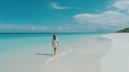 A young woman walks along the sandy seashore. The sea sand coast. Summer vacation and relaxation at the sea. Generative AI