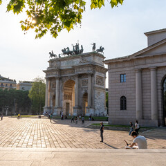 Milan, Italy - May 06 2023: Milan city gate Porta Sempione in sunny weather