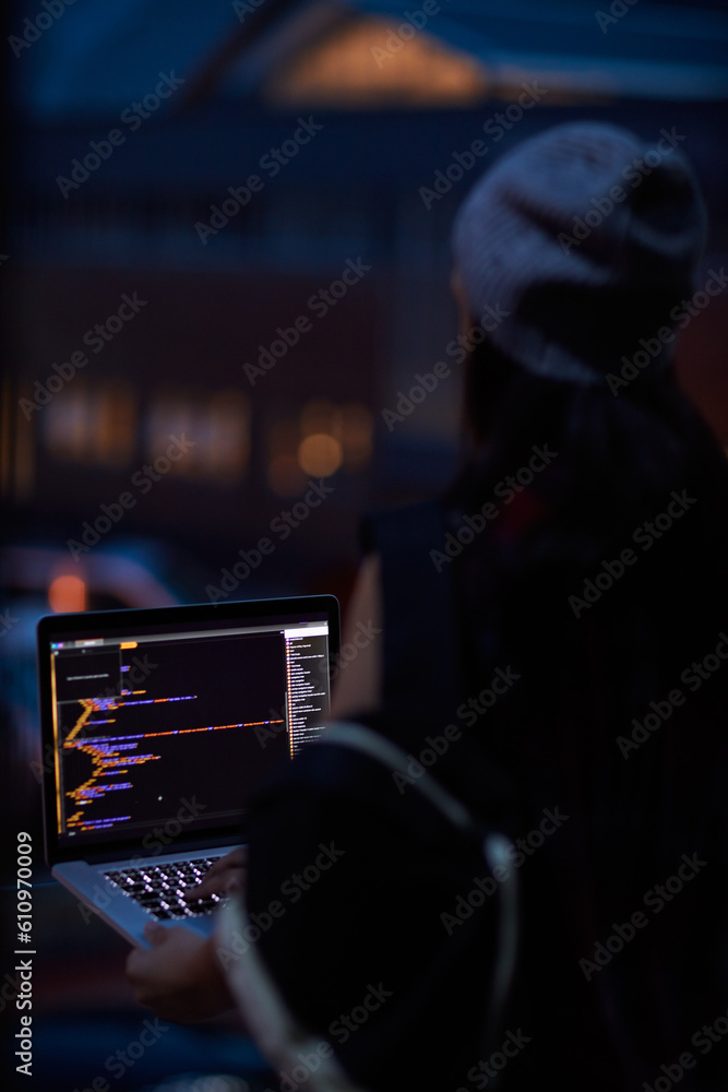Poster Hacker, night and programming with person and laptop screen for ransomware, cyber security and phishing. Coding, technology and crime with programmer typing for fraud, network system and data scam
