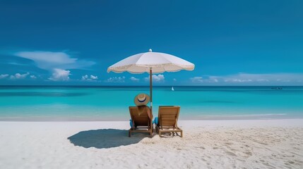 A young woman is sitting on a sunbed under a beach umbrella on the sandy seashore. The sea sand coast. Summer vacation and relaxation at the sea. Generative AI