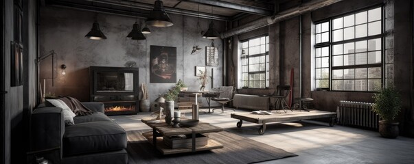Banner - Living room interior in Loft, industrial style design. Architecture and Real estate, AI...