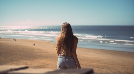 Fototapeta na wymiar A young woman looks at the sea standing on the sandy seashore, a view from the back. The sea sand coast. Summer vacation and relaxation at the sea. Generative AI