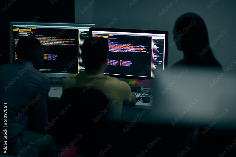 Aufkleber Programming, code and computer with business people in office at night for cyber security, cloud computing and data. Software development, teamwork and digital with developers for coding and network