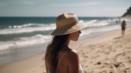 A young woman in a hat looks to the side on the sandy seashore, side view. The sea sand coast. Summer vacation and relaxation at the sea. Generative AI