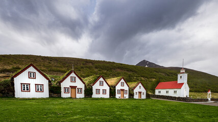 Fototapeta na wymiar Laufas sod farm and kirkja in iceland near akureyri