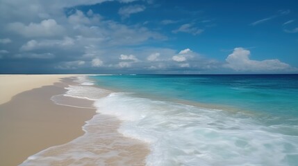 Empty sea coast with white sand and wave. The shore of paradise Island. Summer vacation at the sea. Generative AI