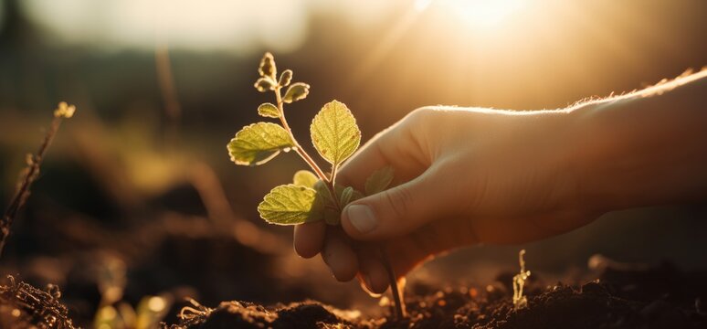 A man plants a plant in the ground. A human hand holds a green sprout. Generate Ai. Generative AI