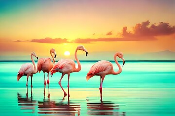 Naklejka na ściany i meble flamingos in the water