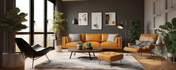 Banner - Living room in Mid - Century Modern, characterized by simplicity, functionality, and organic shapes. Design style from the mid - 1900s. Architecture and Real estate, AI generative