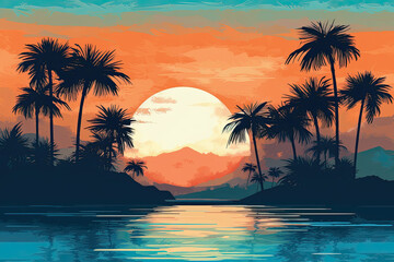 Beautiful sunset over the sea illustration in flat style
