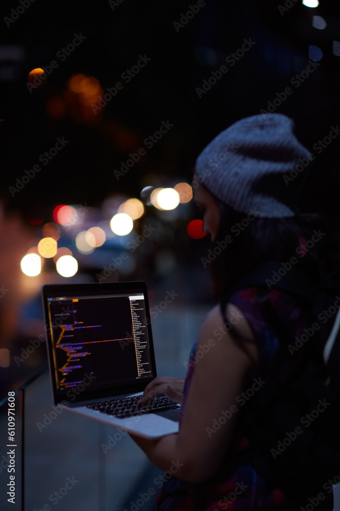 Aufkleber Hacker, code and night with woman and laptop screen for ransomware, cyber security and phishing. Coding, technology and crime with programmer typing for fraud, network system and data scam