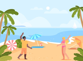 Happy interracial couple greeting on beach vector illustration. African American man waving at Caucasian woman, prevention of infection. Social distancing, relationship, summer concept