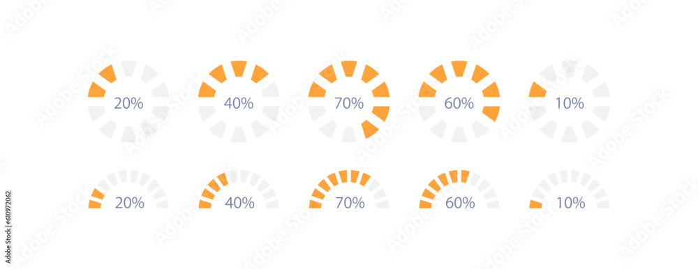 Poster Radial wheel progress infographic chart design template set. Loading circle. Percentage values. Visual data presentation. Editable circular diagrams collection. Myriad Pro-Bold, Regular fonts used