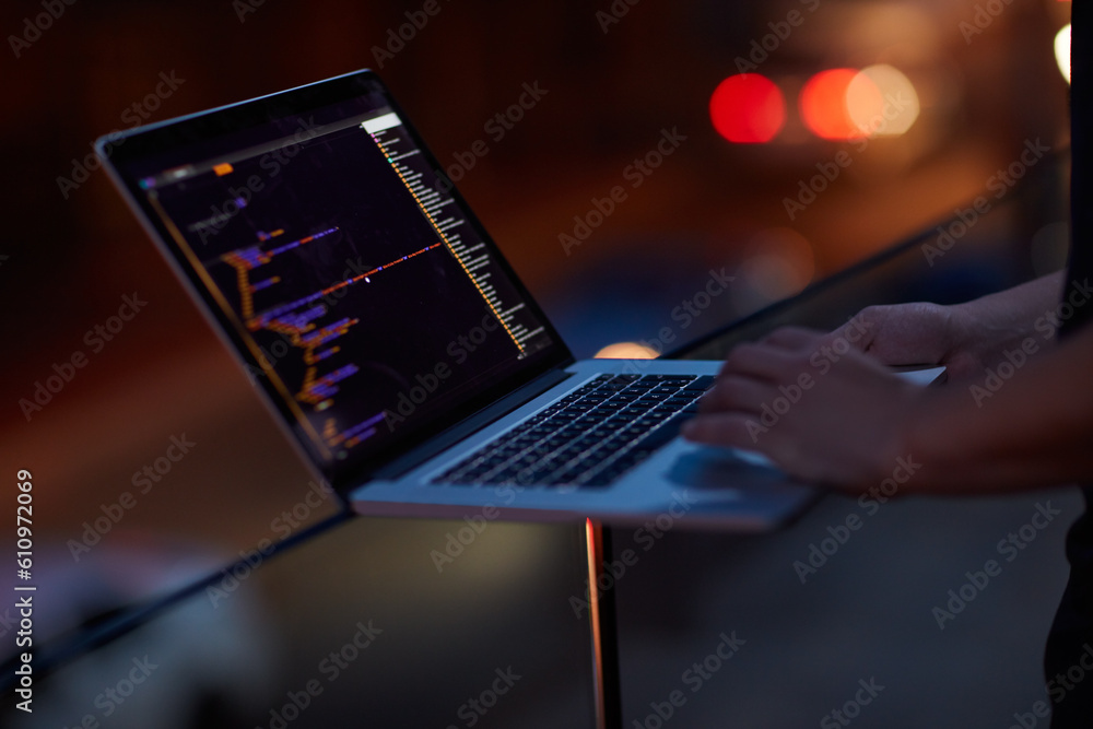 Poster Hacker, code and laptop with hands of person for ransomware, cyber security and phishing. Coding, technology and crime with closeup of programmer for fraud, network system and data scam at night