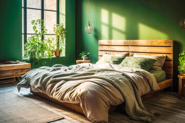 Cozy sustainable bedroom in natural colors with green wall, wooden furniture, stylish interior accessories, natural cotton textile and indoor plants. Eco friendly home interior design. Generation ai