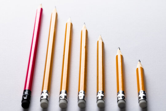 Close up of pencils with erasers in row with copy space on white background