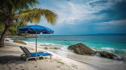 Beach lounger and umbrella on the white sand by the beautiful sea. Exotic palm tree on the sand. White clouds in the sky. Summer vacation and relaxation at the sea. Generative AI