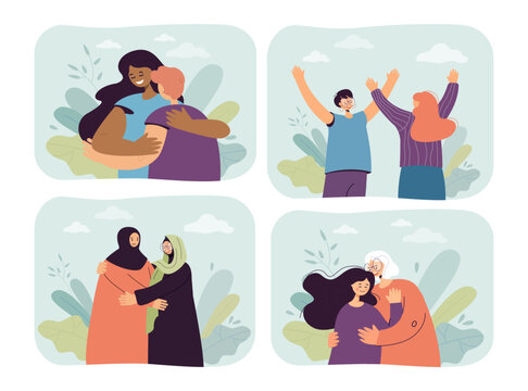 Happy diverse people hugging vector illustrations set. Friends, couples, family members of different race, age and religion cuddling and supporting each other. Diversity, relationship, love concept