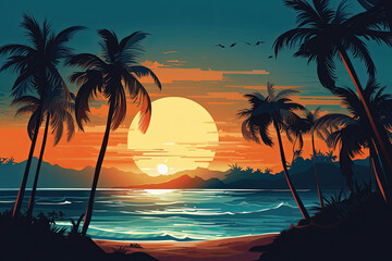Naklejka na ściany i meble Beautiful sunset over the sea illustration in flat style