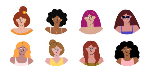 Girl faces set. Women icons for social networks. Different diversified avatars various people. Flat cartoony style, minimalism. Isolated.Vector illustration
