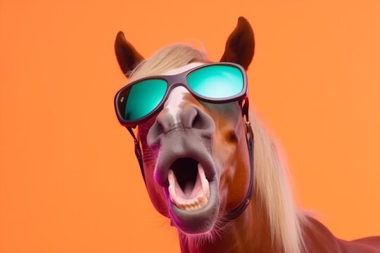 fun funny portrait smile horse animal cute colourful sunglasses goggles background. Generative AI.