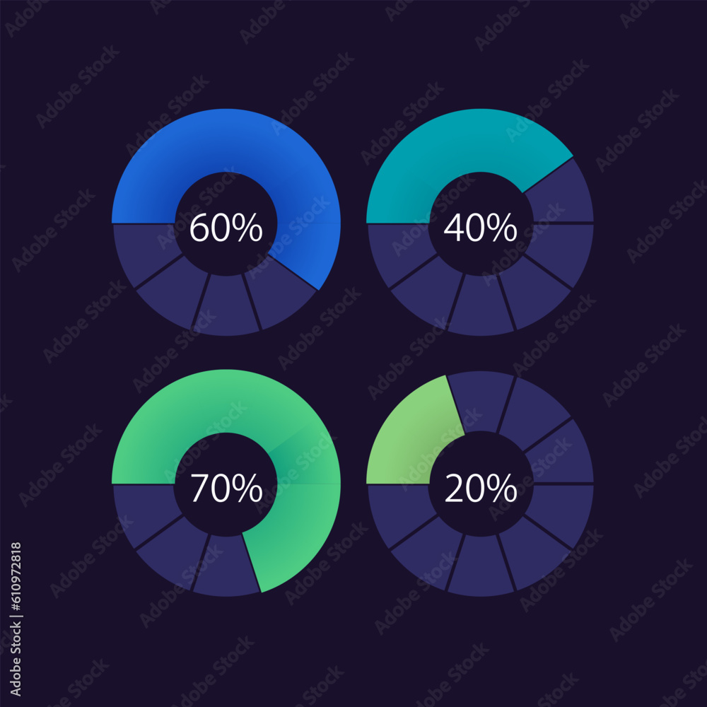 Poster donut infographic chart design template set for dark theme. progress indicator. loading time. visual