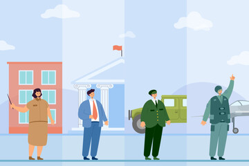 Happy people of different government jobs vector illustration. Cartoon drawing of woman and men in uniforms of teacher, banker, officer, air force soldier. Occupation, government jobs, society concept