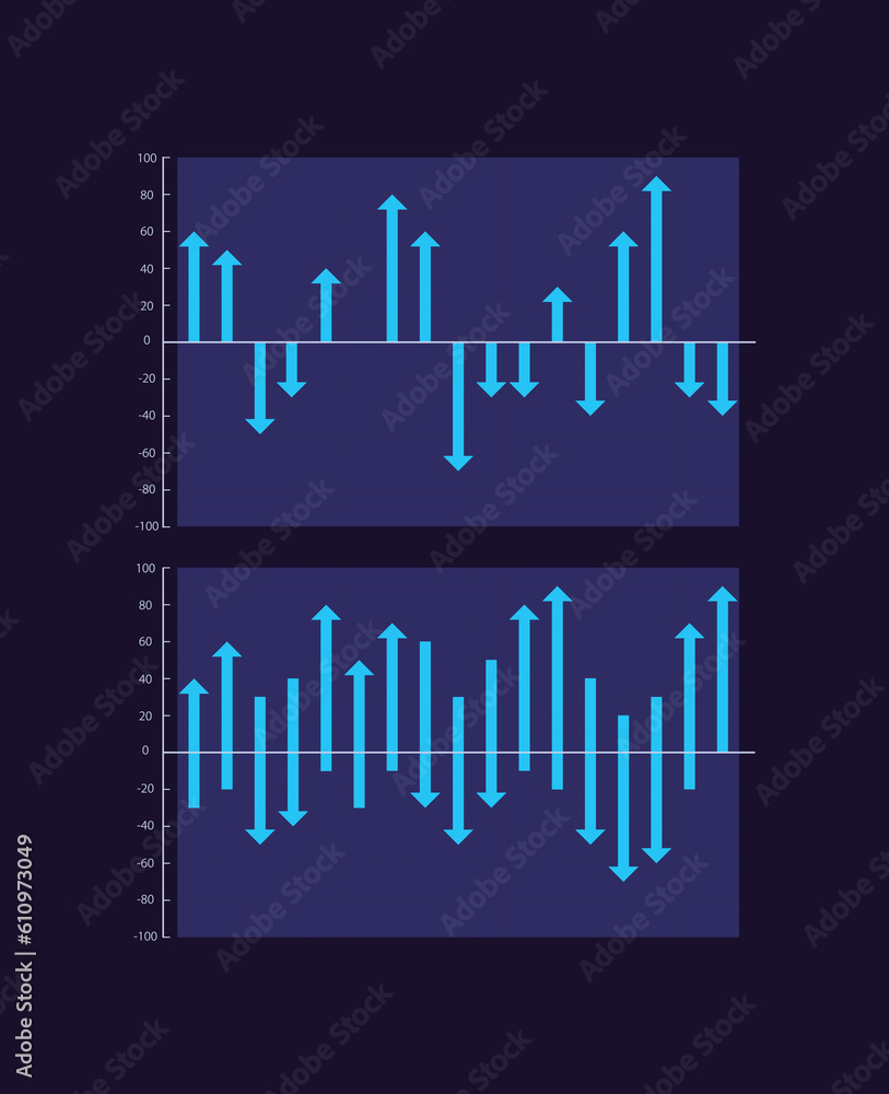Poster ups and downs arrows infographic chart design template set for dark theme. business analytics. visua
